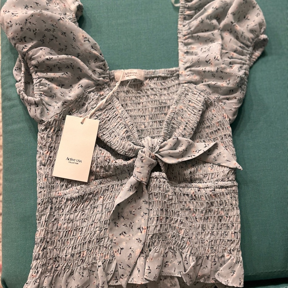 Aritzia Gray Flutter Sleeve Blouse with Smocked Tie Front